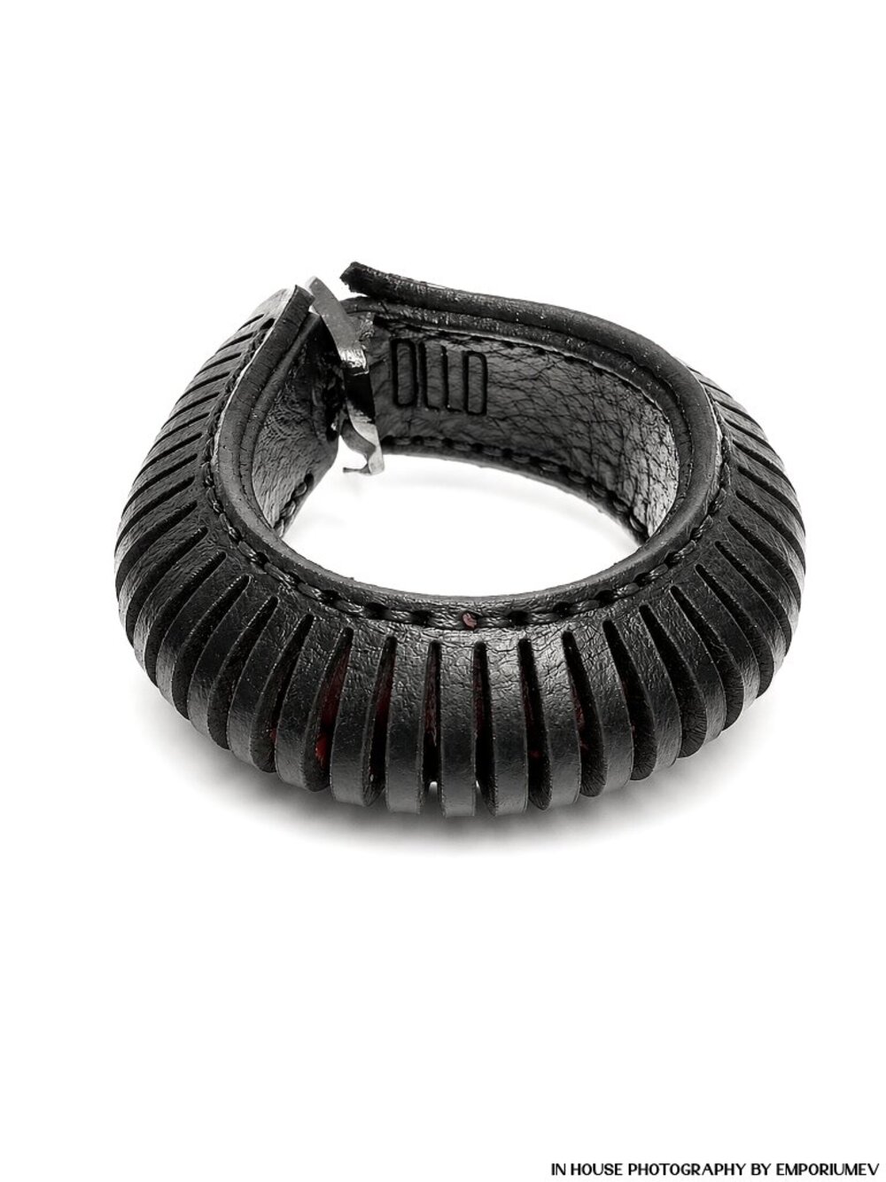 0770 Yvonne Black Red Leather One Size Laser Cut Bangle Cuff